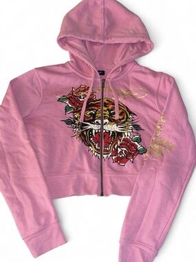 Ed Hardy Pink Cropped Zip Hoodie with Tiger & Rose Artwork